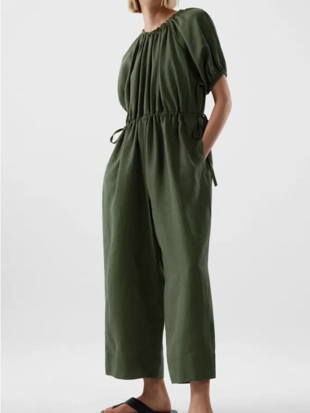 COS Olive Green puff sleeve romper linen blend Drawstring Waist Jumpsuit